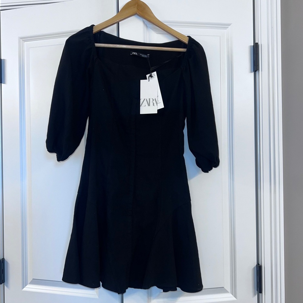 Zara NWT Black‎ Dress Size S Hook Eye, Corset Style, Side Zipper, Puff Sleeve